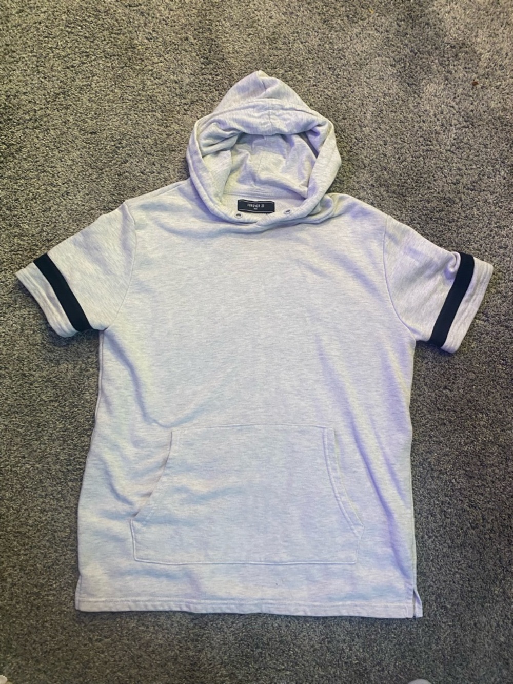 Forever 21 Light White Short-Sleeve Hoodie with Black Sleeve Stripes